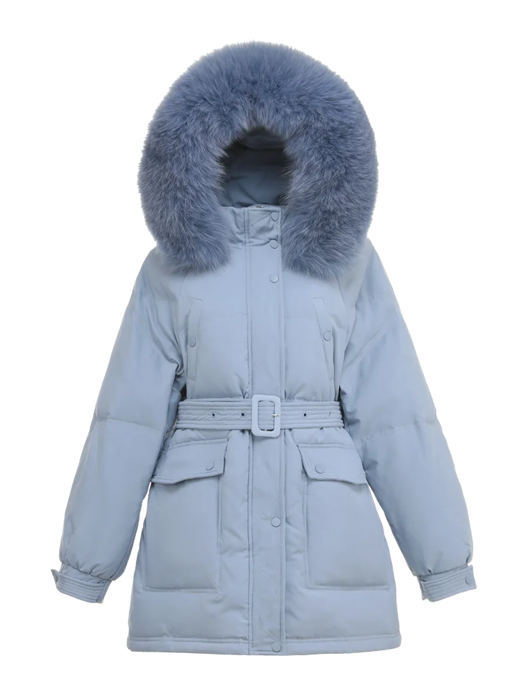 New Women Fox Fur Collar Long Down Jacket Casual Style Autumn Winter Coats And Parkas Female Outwear