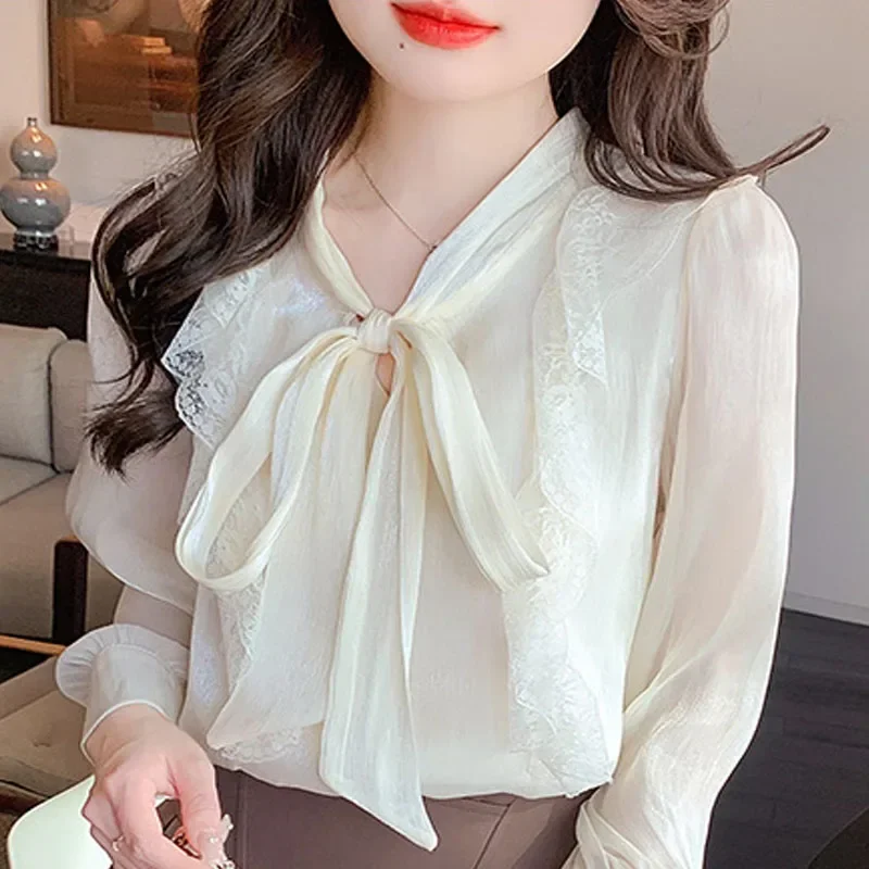 Новинка женская блузка с длинным рукавом и воротником-бантом шифоновая оборками