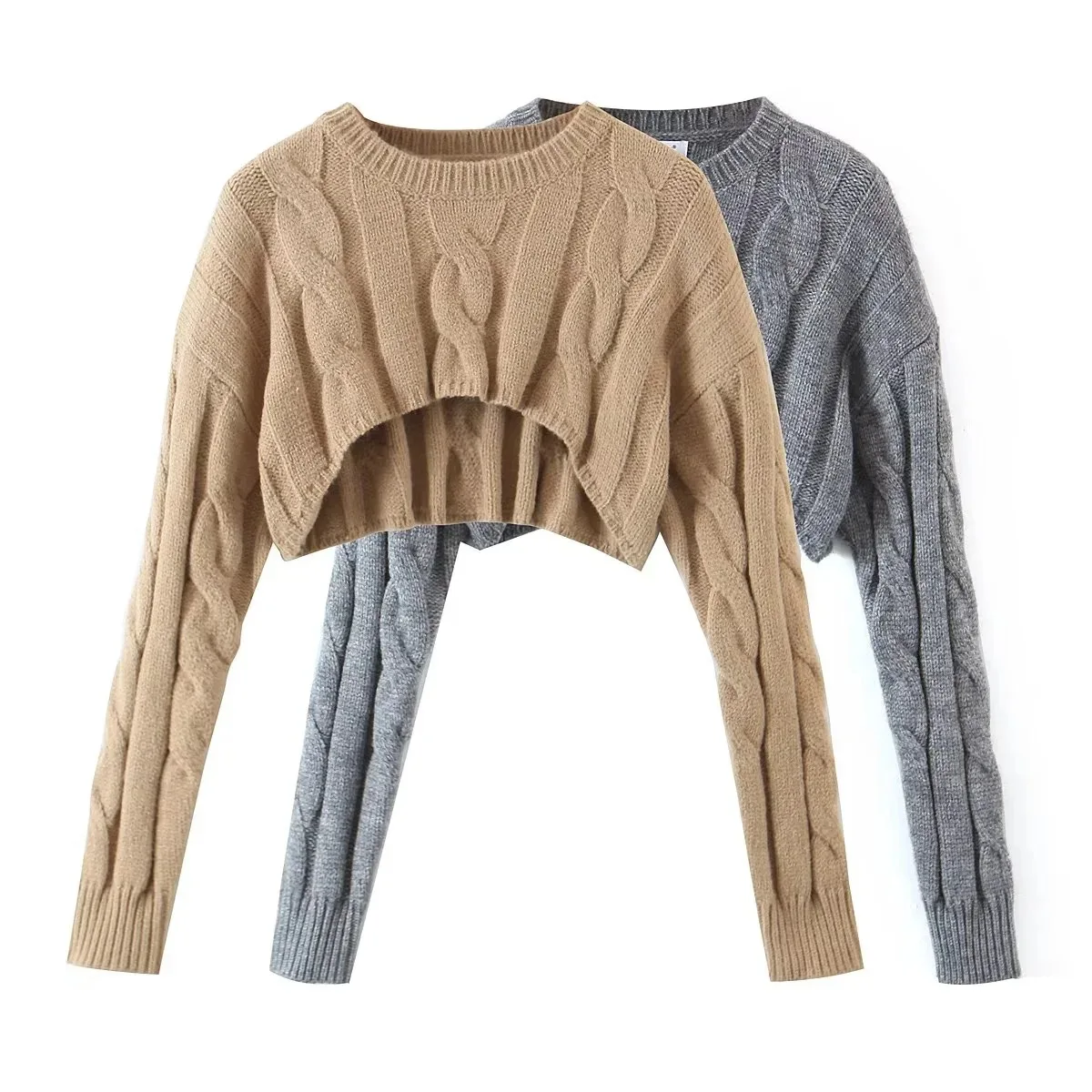 

Momoluna Women Long Sleeve Round Neck Cable-stitch Ribbed Knited Cropped Sweater