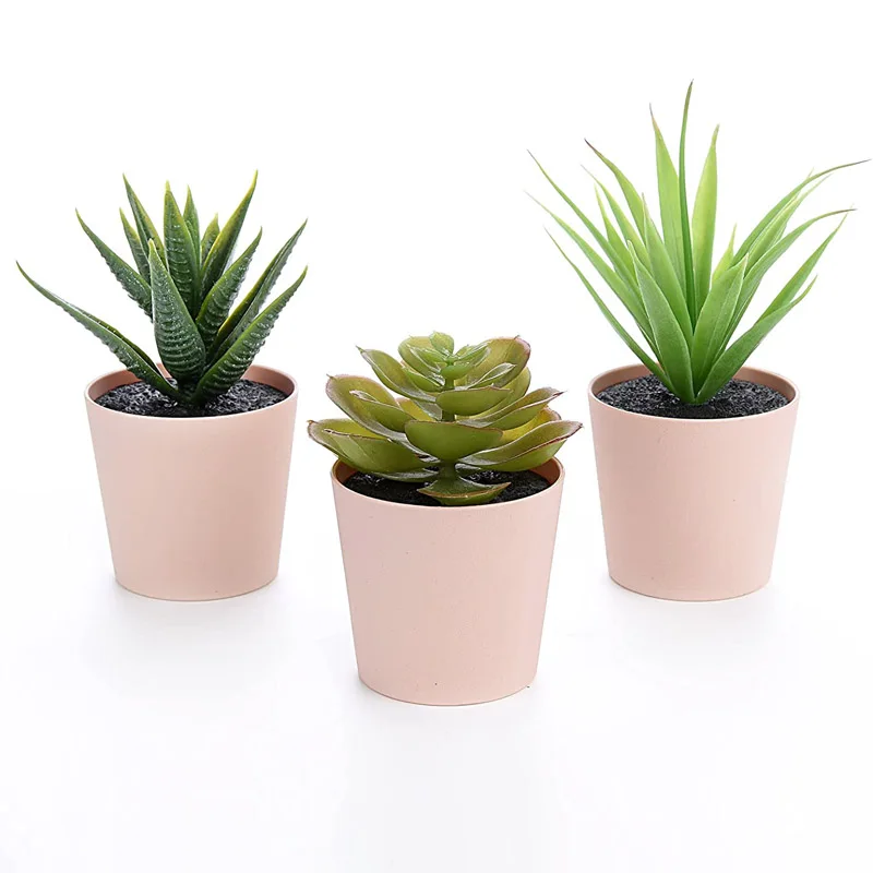 3pcs/set Mini Artificial Succulent Plants in Pink Pot Small Potted Plastic Greenery For Home Office Desk Bookshelf Decoration
