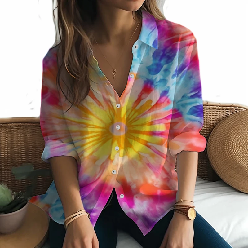 

Hawaii Beach Party Long Sleeve Lining Loose Comfortable Shirt Shirt Tie Dye 3D Printing Shirt Ladies Fashionable Exquisite Shirt