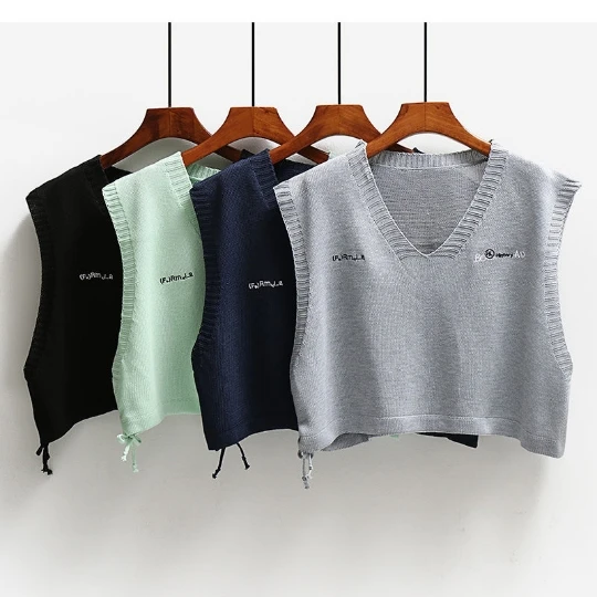 

Жилет женский трикотажный с V-образным вырезом, свободный короткий жилет с вышивкой, одежда для девушек и женщин, весна-осень