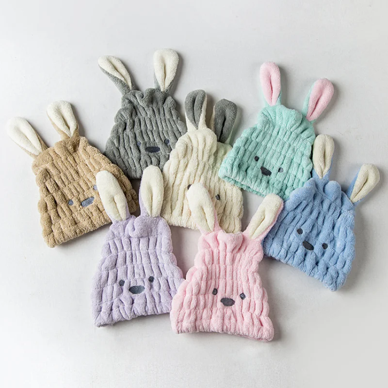 Long Ears Rabbit Hats Thick Coral Fleece Hair Drying Caps for Kids Shower Strong Absorbing Towels Bathroom Supplies