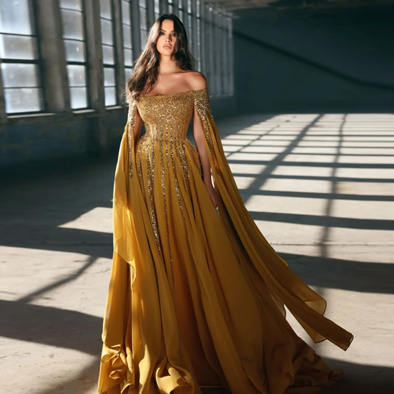 Elegant Ginger Yellow Sequined A-line Chiffon Evening Dresses With Long Split Batwing Sleeve Boat Neck Long Evening Gowns