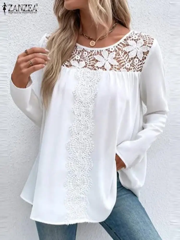 

ZANZEA Women 2023 Summer Blouses Solid Round Neck Fashion Hollow Out Tops Elegant Casual Loose Long Sleeve Lace Insert Blusas