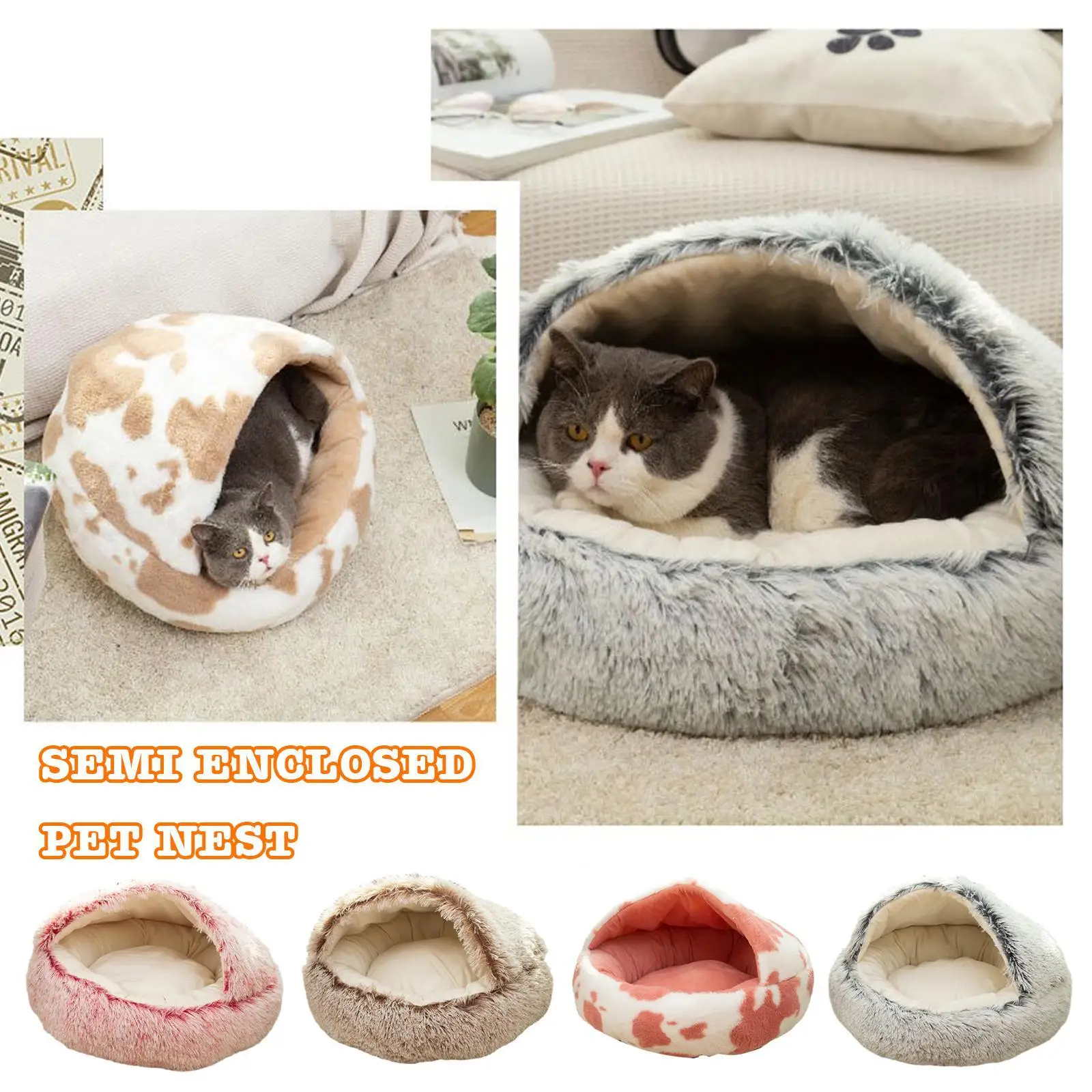 

Fluffy Warming Cat Cave Bed Calming Dog Bed Semi-closed House Anti-Anxiety Donut Dog Cuddler Bed Machine Washable Round Pet Bed