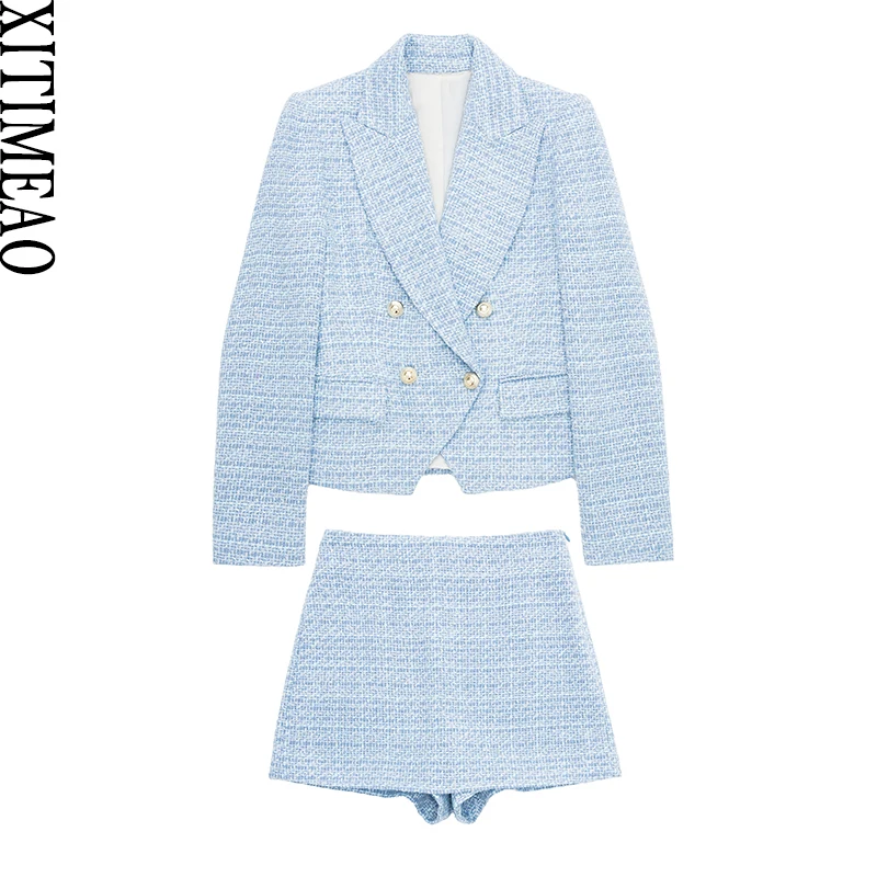 

Xitimeao Women Fashion Tweed Double Breasted Blazer Coat Vintage Long Sleeve Flap Pockets Female Outerwear And Skirt Chic Femme