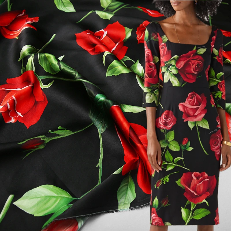 Rose Printed Silk Breathable Dress Chiffon Fabric Brand Fashion Design Stretch Satin Fabric Wholesale Cloth Per Meter