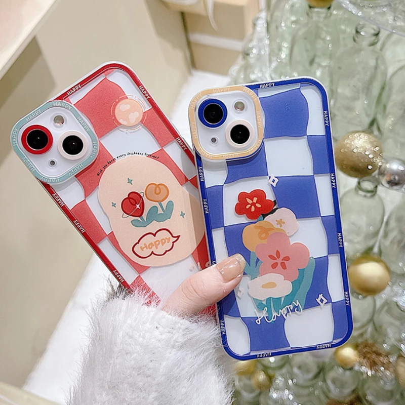 

Cute Colorful Plaid Flower Clear Phone Case For iPhone 13 11 12 Pro X XR XS Max 13MINI 7 8Plus Fashion Cartoon Doodle Soft Cover
