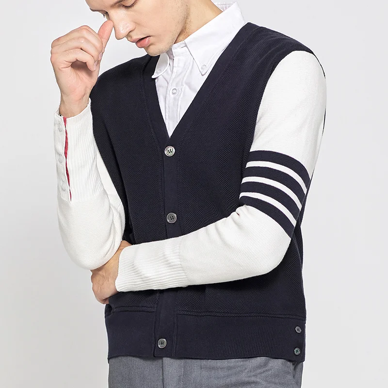 TB THOM Knitted Cardigan Men's 2022 New Classic Striped Sleeves Contrast Color Coats Women Loose V-Neck Jacket