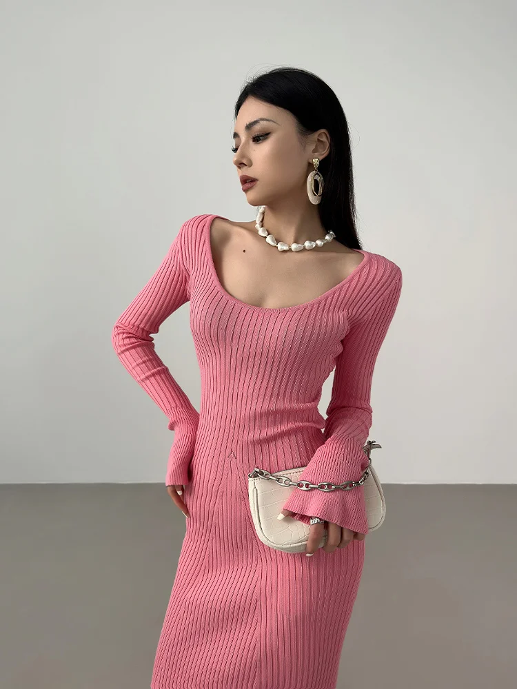 

WOMENGAGA Spring and Autumn French Sexy Spicy Girl Skinny Dress Wrapped Hip V-neck Elegan Bottom Knitted Women's Dress 7XWG