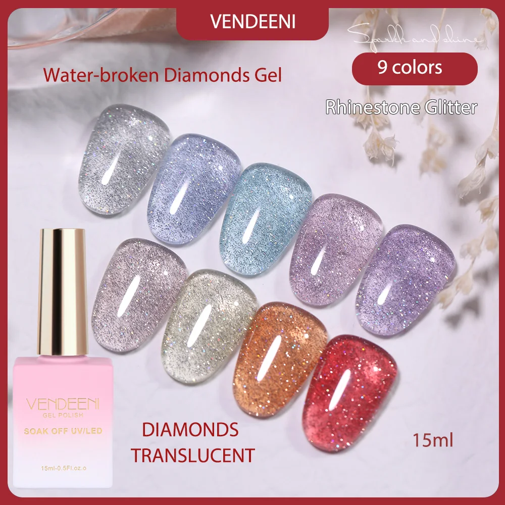 VDN 9 Colors Reflective Shiny Translucent Gel Nail Polish Semi-permanent 15ml Water-broken Diamond UV LED Nail Varnish