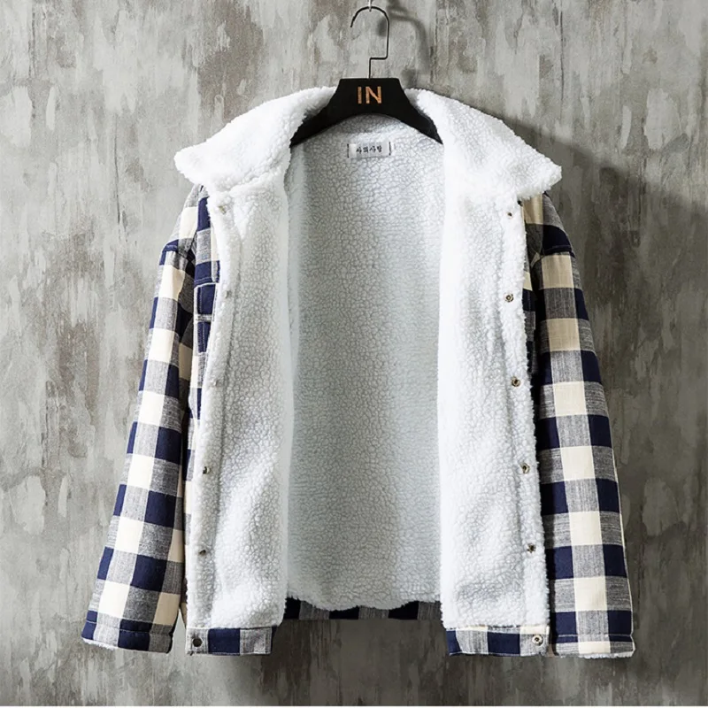 Plaid Thickened Imitation Lamb Wool Warm Jacket Korean Version Fashion Loose Plus Fat Plus Size Plus Velvet Winter Coat Men