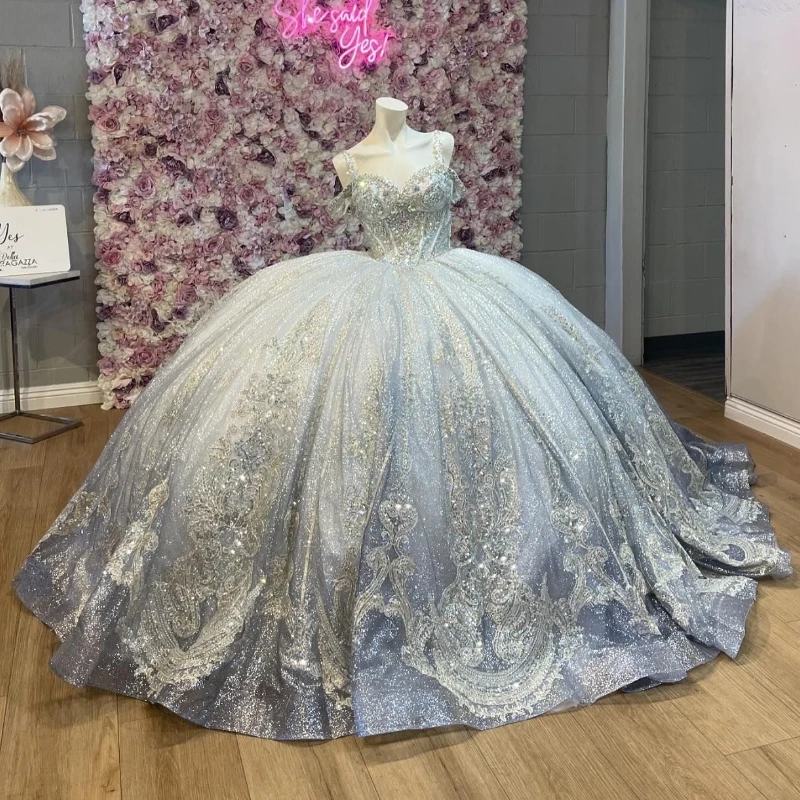 Роскошное серебристое мексиканское платье Quinceanera с открытыми плечами аппликация