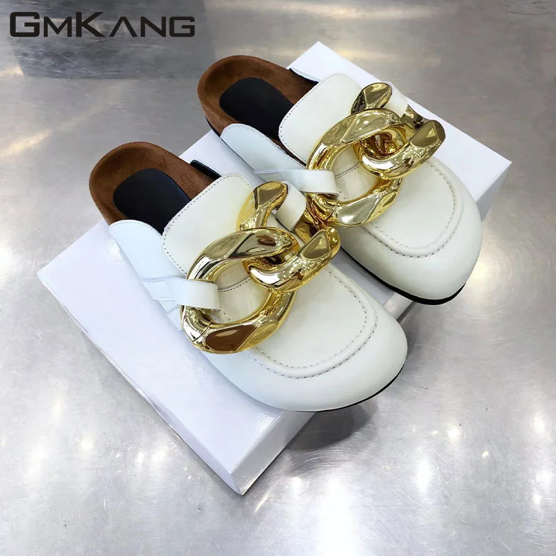 Chain Decoration Thick Bottom Slippers Women Black White Genuine Leather Mules Women Flat Slippers Women Zapatillas Mujer