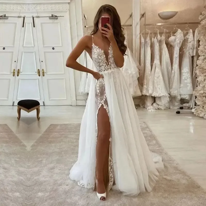 

2023 Boho Wedding Dress Spaghetti Strap Appliques Lace Bohemian Wedding Gowns Lace Bridal Dresses trouwjurk robe de mariage
