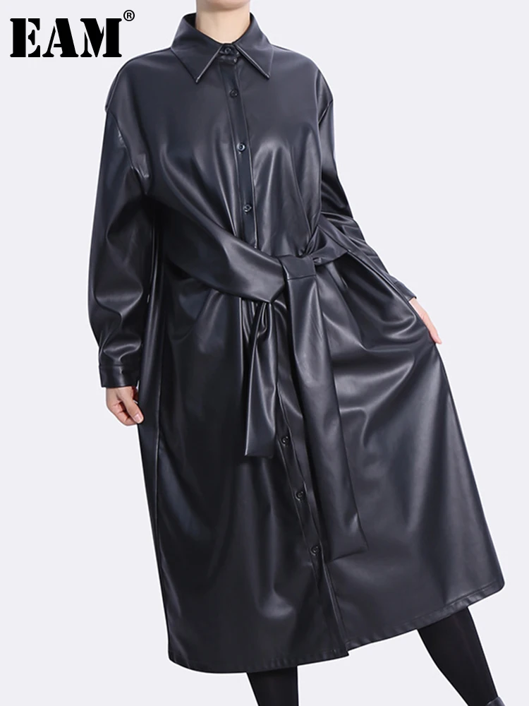 

[EAM] женское черное Бандажное платье из искусственной кожи большого размера, новинка, с отворотом, с длинным рукавом, свободное, модное, весна...