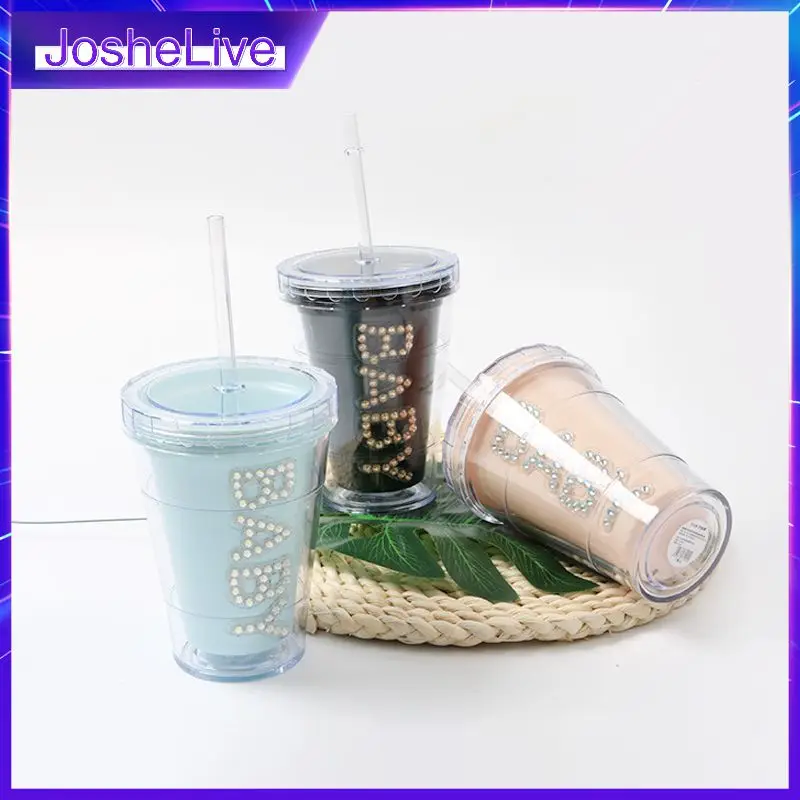 

Flash Diamond Double Layer Cup Fashion Trend Plastic Straw Cup Milk With Dome Drink Cups Student Summer Water Cup 410ml New