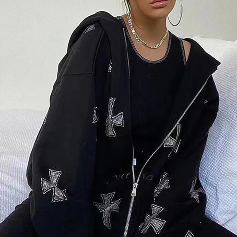 

Женская винтажная куртка на молнии, куртка оверсайз в готическом стиле с длинным рукавом и принтом в виде креста и страз, модель Y2k в стиле 90-х годов, осень