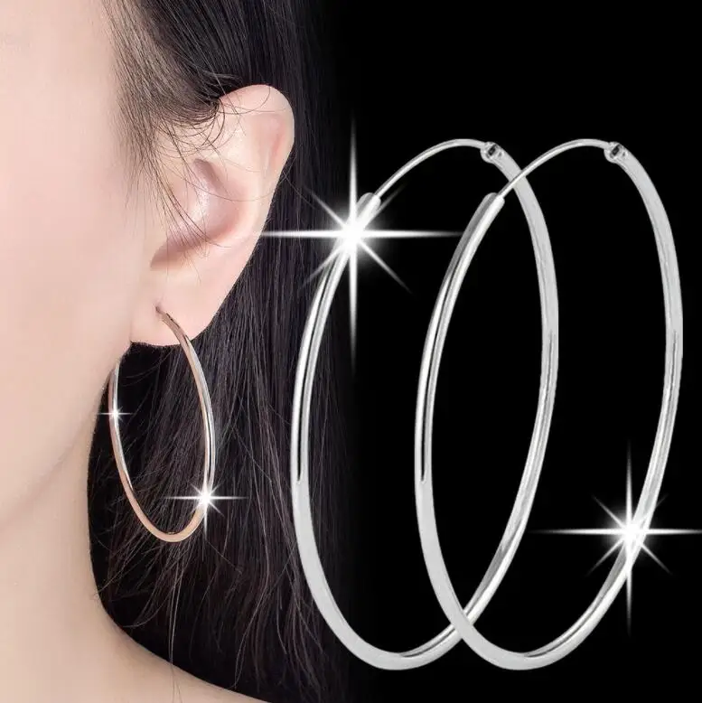 

100% 925 Sterling Silver Hoop Earring For Women 30mm 40mm 50mm 60mm Round Circle Loop Simple Woman Silver Hoop Earrings