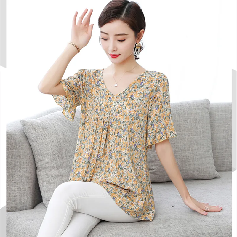 

Chiffon Blouse Womens Tops Short Sleeve Shirts Elegant Print Lady Casual Blouses Loose Folds Shirts Ruffles Floral Women Blouses