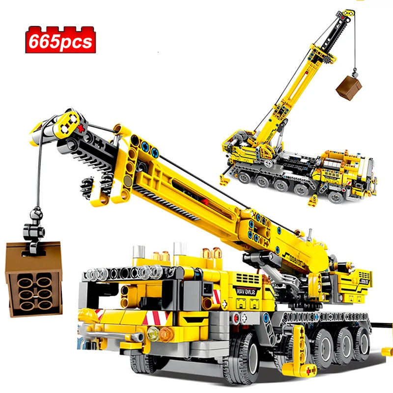 

City Technical Car Yellow Mobile Crane Engineering Truck Model Set Dolls Building Blocks DIY Toys for Boys Kids Birthday Gift