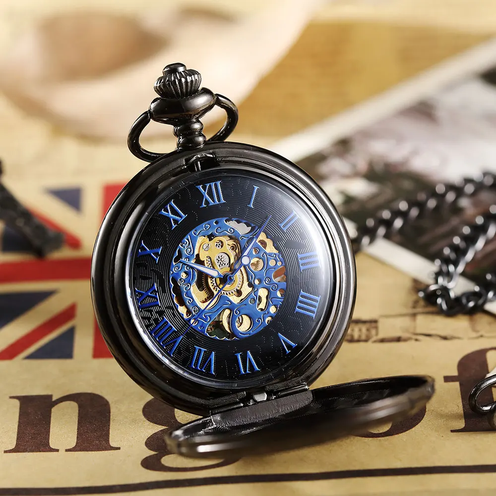 Black Hollow Case Mechanical Hand-winding Pocket Watch Men Flip Fob Chain Necklace Clock Mens Watch reloj de bolsillo