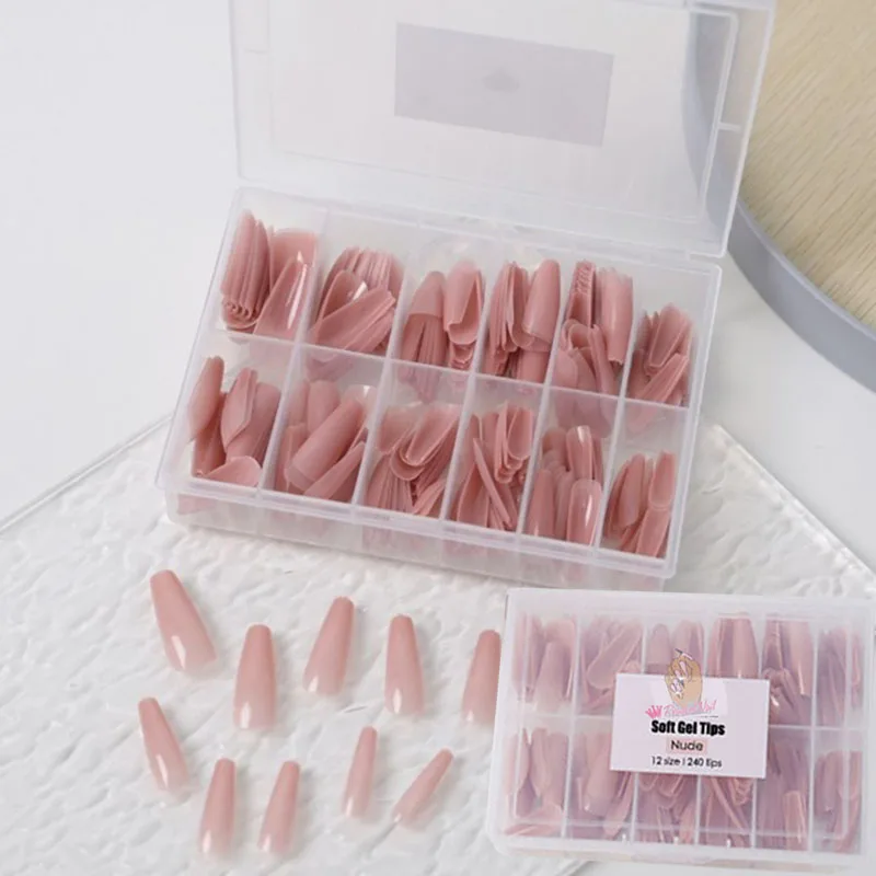 

240pcs Soft Gel Natural False Nail Art Extension Tips Full Cover Press on Acrylic Nails Long Capsule Manicure Accessories Tool