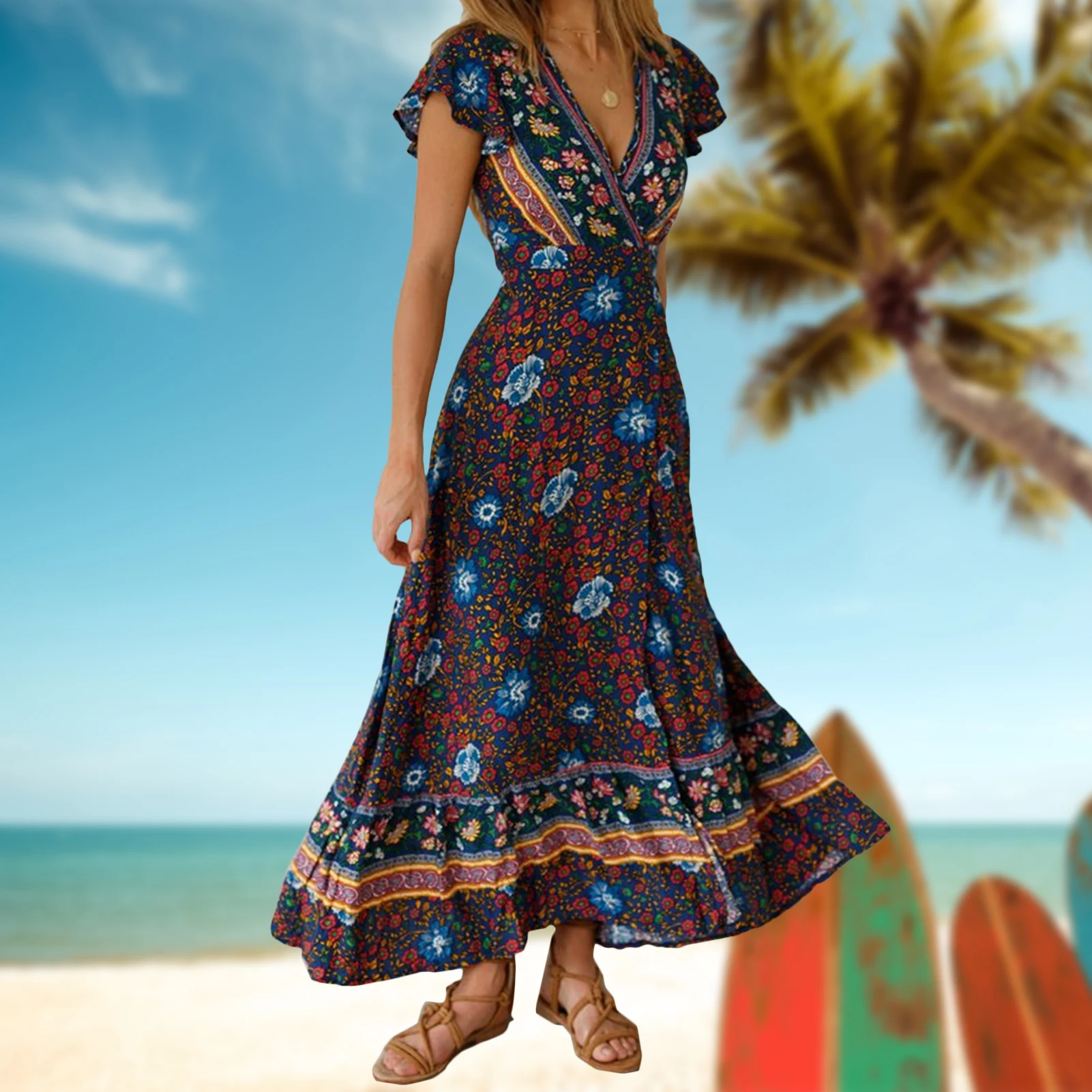 

Summer Boho Waist Slit Maxi Dress Large Swing Printed Long Maxi Dress European Fashion V-Neck Bohemian for Weekend Vacation