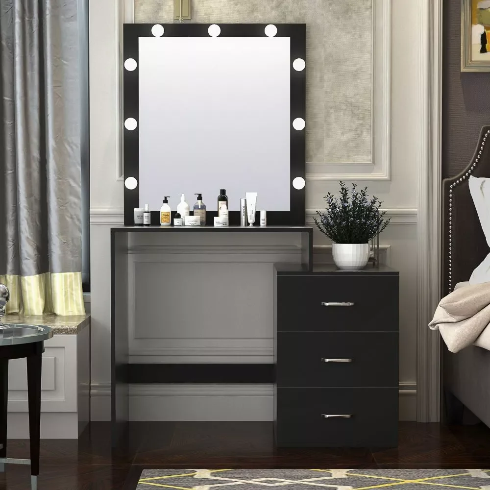 

Dressing Table Modern Vanity Table Set w/ Large Light Mirror Adjustable Brightness,Makeup Dresser w/ 3 Drawers Bedroom Furniture