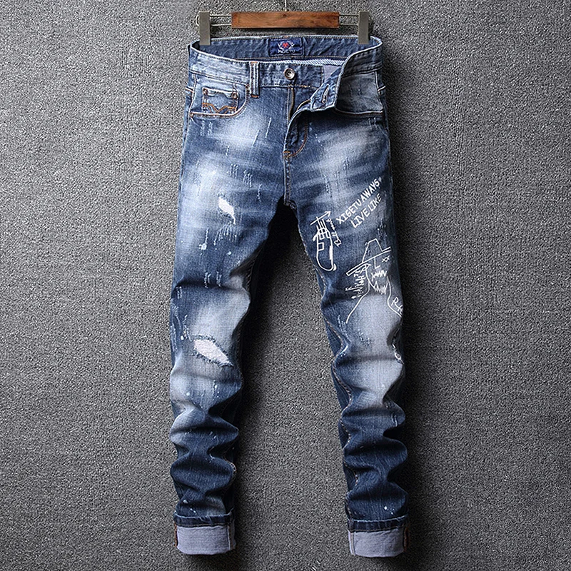 Fashion Designer Men Jeans Retro Blue Elastic Slim Fit Printed Ripped Jeans Men Vintage Trousers Hip Hop Denim Pants Hombre