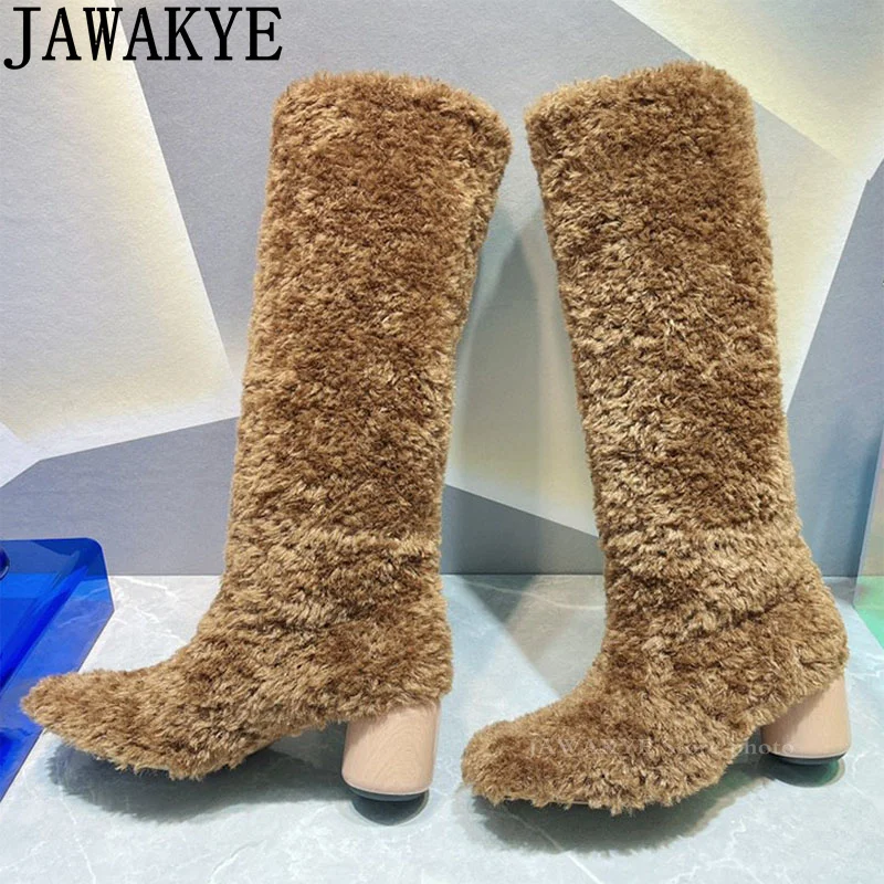 

New Luxury Brand Plush Knee High Boots Women Hairy Thick-soled Thick-heeled Warm Boots Women's Wool Boots Winter Fur Boots Women