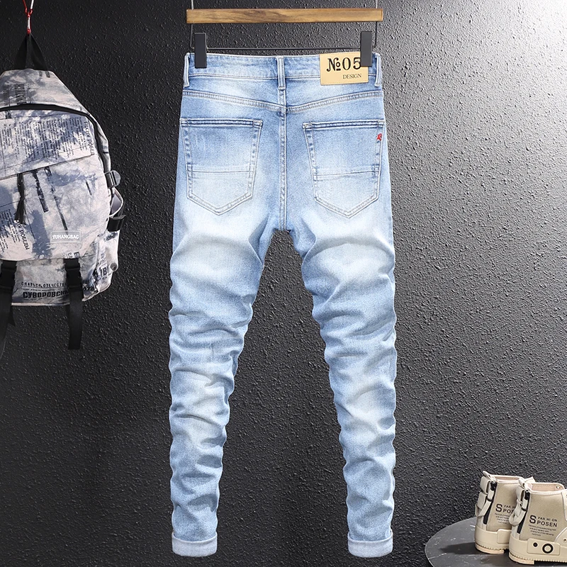 Newly Fashion Vintage Men Jeans Retro Light Blue Elastic Slim Fit Ripped Jeans Men Patchwork Designer Casual Denim Pants Hombre