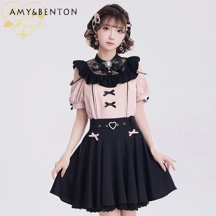 Japanese Girl Lace Stitching Shirt Women Short Sleeve Off Shoulder Pink Black Blouses Female Sweet Cute Bow Top