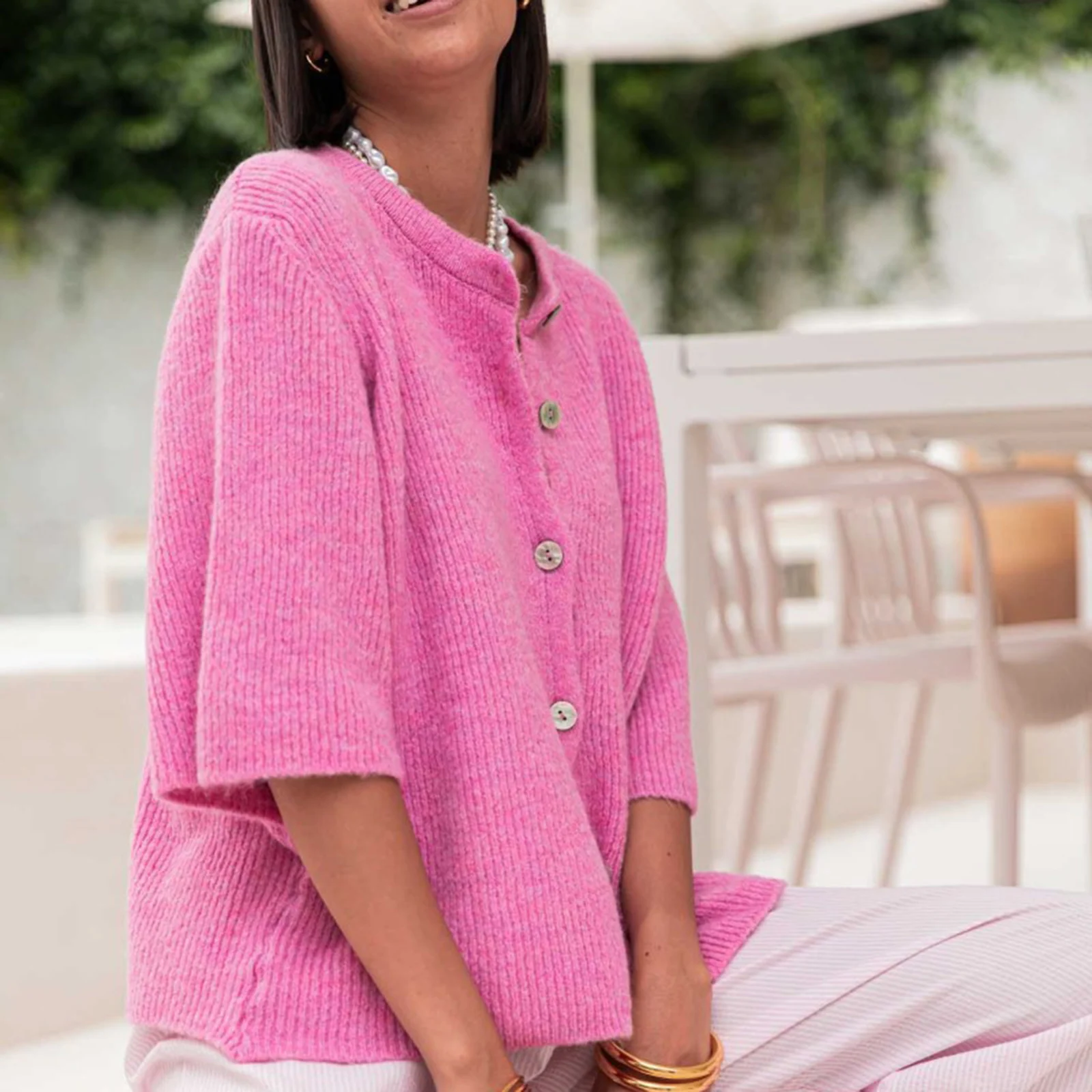 Женский Осенний вязаный кардиган однотонная трикотажная одежда с коротким