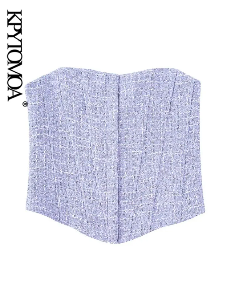 

KPYTOMOA Women Fashion Front Metal Hooks Tweed Cropped Bustier Tops Vintage Sweetheart Neck Exposed Shoulders Female Camis Mujer