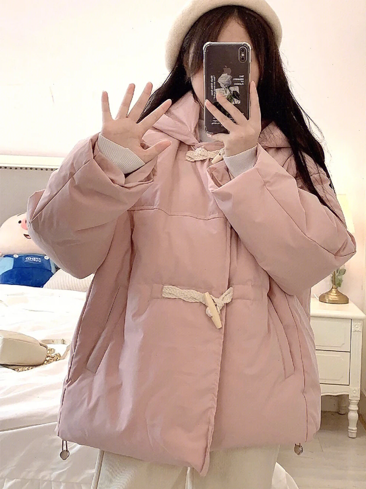

FMFSSOM Winter Women Fashion Casual Thick Coat Jacket Chic Long Sleeve Loose Horn Button Warm Pocket Pocket Hooded Parkas
