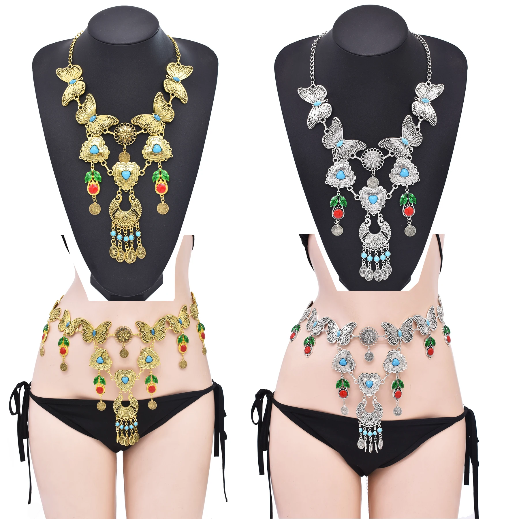 Ретро вишневое сердце бабочка луна монета талия цепочки на живот кулон ожерелье