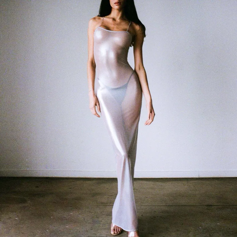 

Night Club See Through Maxi Dress Women Sexy Strappy Dresses Body-shaping Vestido Female Stunning Hipster Attirewear Clothing