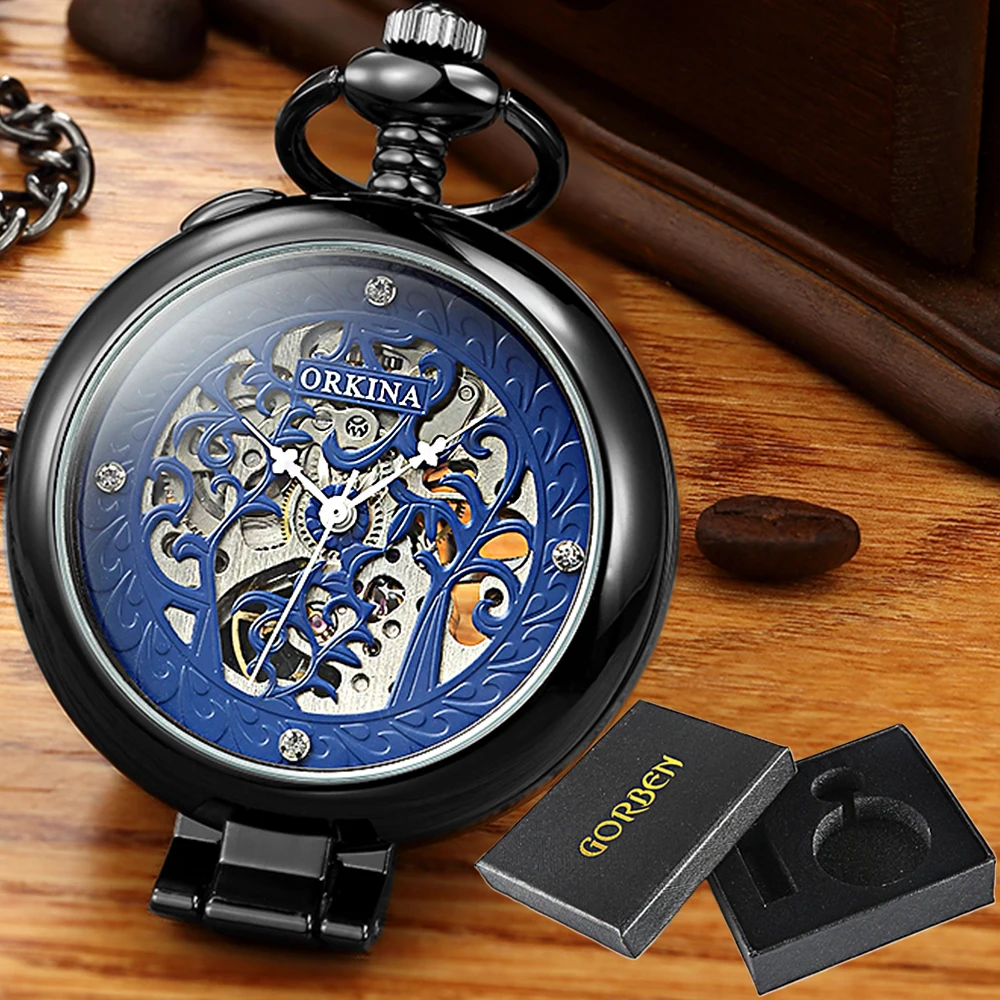 Skeleton Mechanical Pocket Watch with Chain Pendant Vintage MAN Pocket Watches Vest Necklace Watches Presents for Men Lady Clock