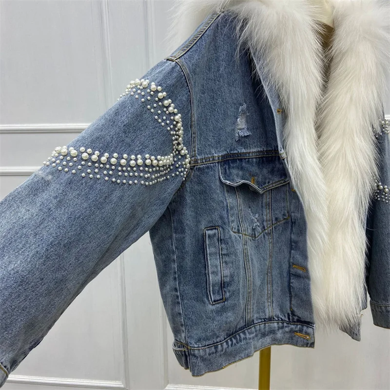 High-Quality Heavy Industry Beaded Coat 2022 New Female Winter Detachable Liner White Raccoon Dog Fur Collar Denim Down Jacket