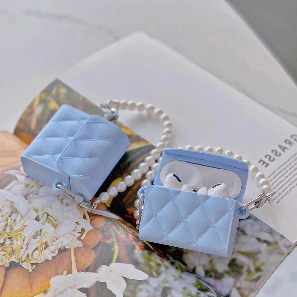 

Silicone Headphones Cases Solid Color Soft Charging Box Holder with Pearl Bracelet Earphone Headphones Cover for Apple Airpods 3