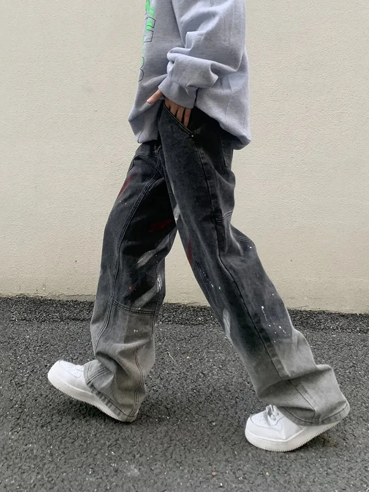 Four Seasons Men Jeans High Street Graffiti Embroidery Gradient Loose Versatile Straight Casual Pants Fashion Hip Hop Streetwear