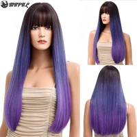 mupeul purple ombre straight synthetic wig for woman with bangs blue cosplay wigs long 26inch lolita natural hair heat resistant