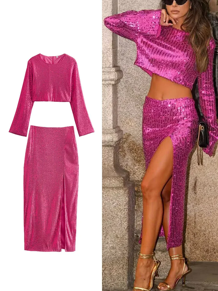 

TRAF Women's Sequins Party Casual Blouse Skirt Suits Spring Long Sleeve Slim Crop Top Female Sexy Split Midi Skirt Sets