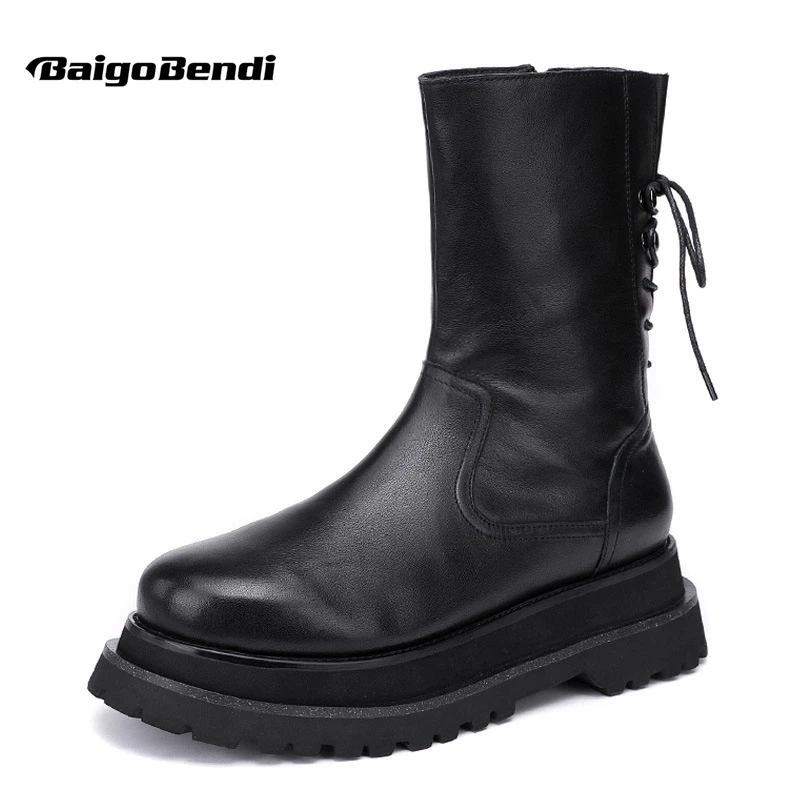 

British Style Men's Back Lace-up Mid-calf Boots Cool Young Man Soft Cowhide Thick Soles Zipper Fashion Catwalk Heightened Shoes