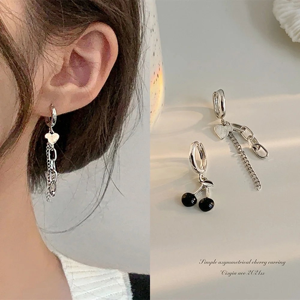 

South Korea's New 925 Silver Needle Asymmetric Earrings Women's Niche Design Ear Buckle Tassel Love Cherry Ear Buckle