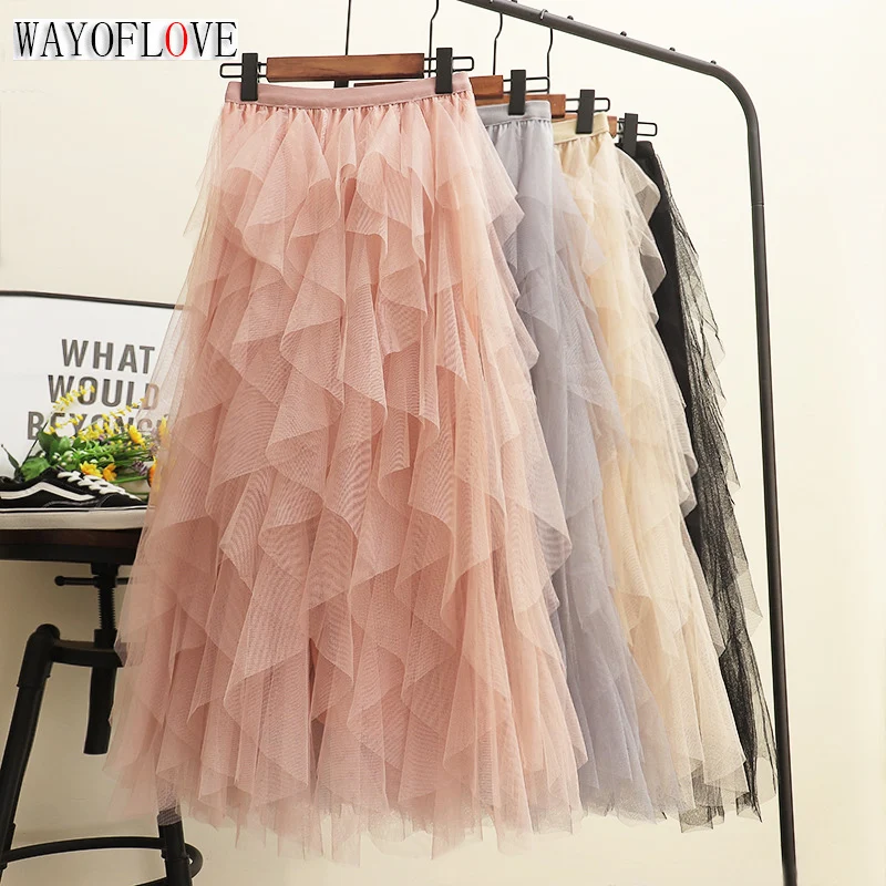 

WAYOFLOVE Ladies Sexy Mesh Mid Skirts Elastic High Waist Patchwork Asymmetrical Party Skirt For Women Elegant Solid A-line Skirt