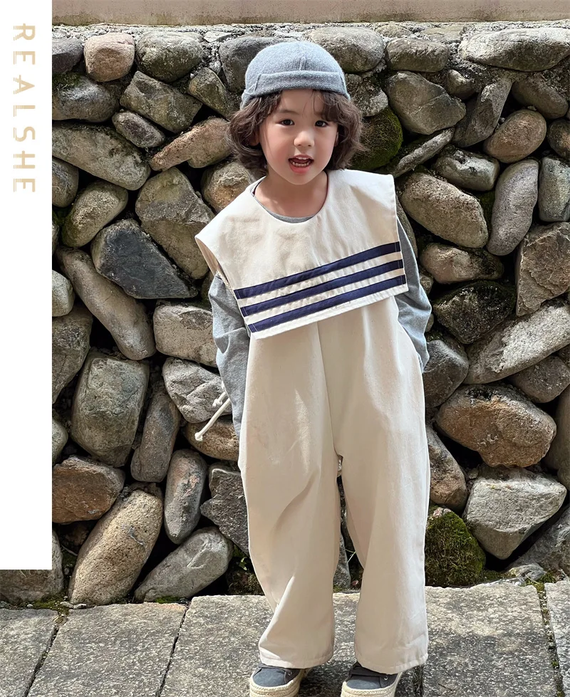 

2023 New Children Toddler Boys Girls Striped Sailor Collar Overalls Casual Korean Style Suspender Trousers for 2-8T Kids Clothes