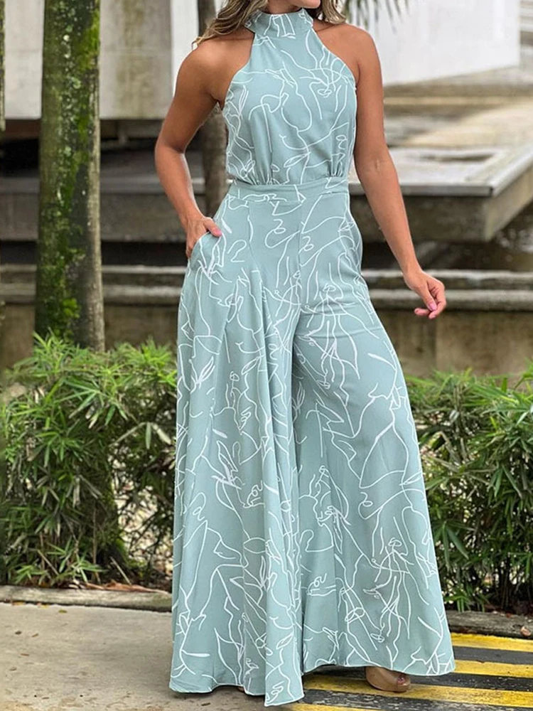 

Women Sexy Off Shoulder Sleeveless Jumpsuit Summer Elegant Hanging Neck Tie-up Loose Playsuit Retro Print Pocket Wide Leg Romper
